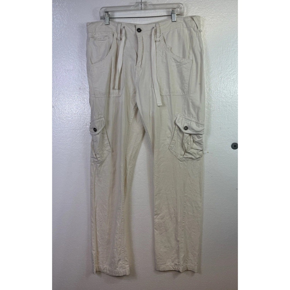 Guess Los Angeles Cargo Pants Mens Sz 36 Linen Blend Cream Beige Khaki 36x32